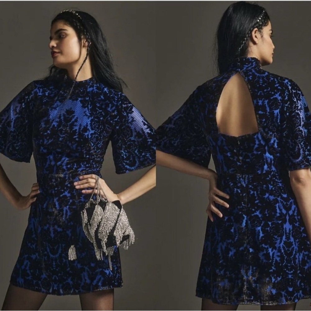 NWT Anthropologie Mock Neck Velvet Mini Dress, size 4 $180 Blue Black Cocktail